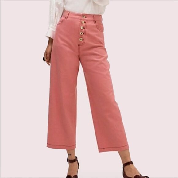 Kate Spade Pink Wool Cotton Heather Basket Weave Pants Wide Leg Cropped Button - Picture 1 of 11